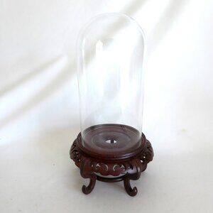 NEW 14.5” DECORATIVE GLASS CLOCHE DISPLAY DOME COVER HAND CARVED BROWN WOOD BASE